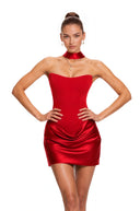 Karine Red Scarf Off Shoulder Ruched Mini Dress