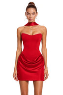Karine Red Scarf Off Shoulder Ruched Mini Dress