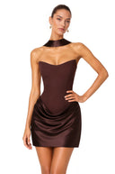Karine Brown Scarf Off Shoulder Ruched Mini Dress