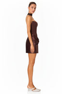 Karine Brown Scarf Off Shoulder Ruched Mini Dress