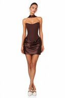 Karine Brown Scarf Off Shoulder Ruched Mini Dress