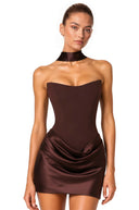 Karine Brown Scarf Off Shoulder Ruched Mini Dress