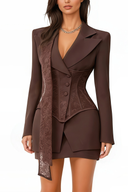 Remy Deep Brown Lace Panelled Asymmetrical Blazer & Skirt Set