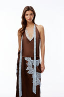 Caterina Chocolate Brown V-Neck Top & Skirt Set with Lace Trim