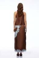 Caterina Chocolate Brown V-Neck Top & Skirt Set with Lace Trim