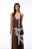 Caterina Chocolate Brown V-Neck Top & Skirt Set with Lace Trim
