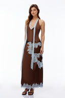 Caterina Chocolate Brown V-Neck Top & Skirt Set with Lace Trim