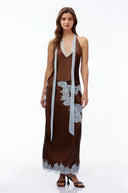 Caterina Chocolate Brown V-Neck Top & Skirt Set with Lace Trim