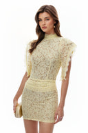 Drusilla Yellow Mock Neck Lace Mini Dress