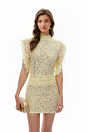 Drusilla Yellow Mock Neck Lace Mini Dress