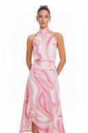 Ysabel Pink Abstract Print Halterneck Crop Top & Skirt Set