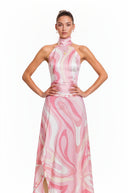 Ysabel Pink Abstract Print Halterneck Crop Top & Skirt Set