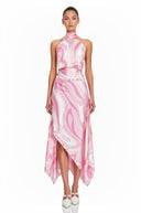 Ysabel Pink Abstract Print Halterneck Crop Top & Skirt Set