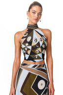 Ysabel Black Abstract Print Halterneck Crop Top & Skirt Set