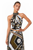 Ysabel Black Abstract Print Halterneck Crop Top & Skirt Set