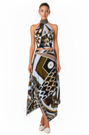 Ysabel Black Abstract Print Halterneck Crop Top & Skirt Set