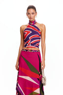 Ysabel Fuchsia Abstract Print Halterneck Crop Top & Skirt Set