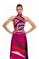 Ysabel Fuchsia Abstract Print Halterneck Crop Top & Skirt Set