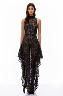 Veleda Black Floral Lace Asymmetrical Maxi Dress