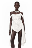 Nora White Ribbon-design Ruched Mini Dress