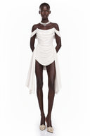 Nora White Ribbon-design Ruched Mini Dress