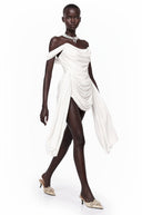 Nora White Ribbon-design Ruched Mini Dress