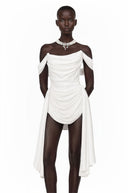 Nora White Ribbon-design Ruched Mini Dress