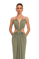 Lucretia Matcha Green Cut-Out Halterneck Maxi Dress