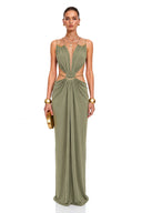 Lucretia Matcha Green Cut-Out Halterneck Maxi Dress