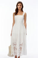 Joan White Square Neck Lace Pleated Maxi Dress