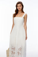 Joan White Square Neck Lace Pleated Maxi Dress