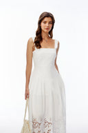 Joan White Square Neck Lace Pleated Maxi Dress