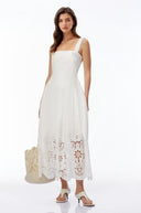Joan White Square Neck Lace Pleated Maxi Dress