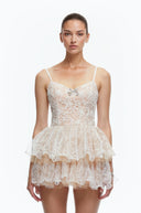 Tullia Neutral Lace Ruffled Embellished Mini Dress