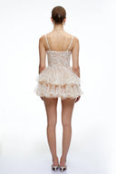 Tullia Neutral Lace Ruffled Embellished Mini Dress