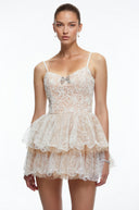 Tullia Neutral Lace Ruffled Embellished Mini Dress