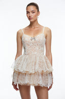 Tullia Neutral Lace Ruffled Embellished Mini Dress