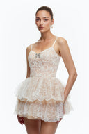 Tullia Neutral Lace Ruffled Embellished Mini Dress