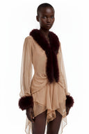 Livia Brown Sheer Tulle Mini Dress with Feather Trim