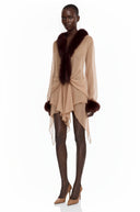 Livia Brown Sheer Tulle Mini Dress with Feather Trim
