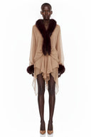 Livia Brown Sheer Tulle Mini Dress with Feather Trim