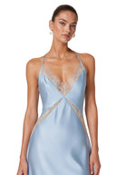 Gisela Blue V-neck Lace Trim Maxi Dress