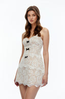 Bardot Neutral Layered Floral Lace Mini Dress with Bow