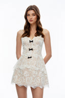 Bardot Neutral Layered Floral Lace Mini Dress with Bow