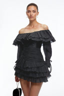 Hestia Black Off Shoulder Ruffled Mini Dress