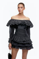 Hestia Black Off Shoulder Ruffled Mini Dress