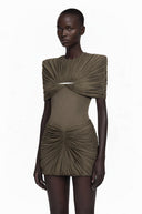 Tanais Chocolate Brown Pleated Cape Mini Dress