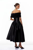 Marie Black Off Shoulder Polished Midi Dress