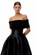 Marie Black Off Shoulder Polished Midi Dress
