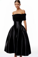 Marie Black Off Shoulder Polished Midi Dress